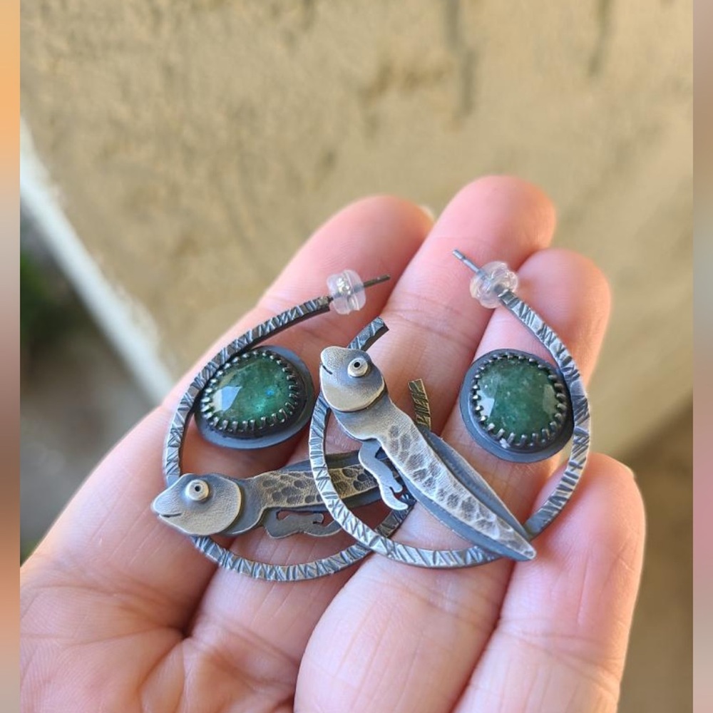 Sterling Silver and Green Stone Tadpole Earrings